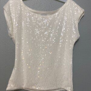 White Sequin Short Sleeve  Top